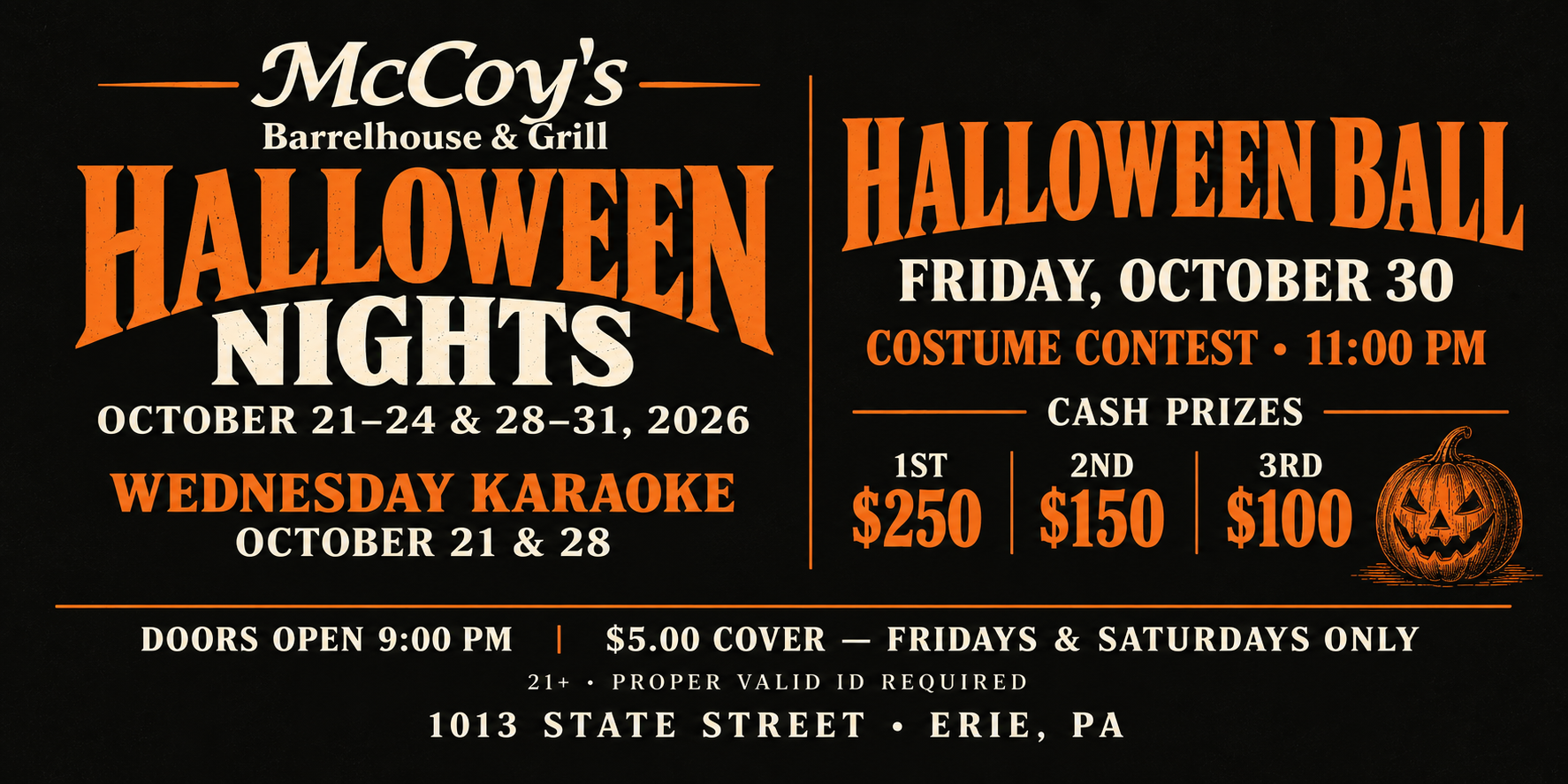 Halloween Nights at McCoy’s, October 21–24 and 28–31, 2026; Wednesday karaoke; October 30 Halloween Ball and 11 PM costume contest